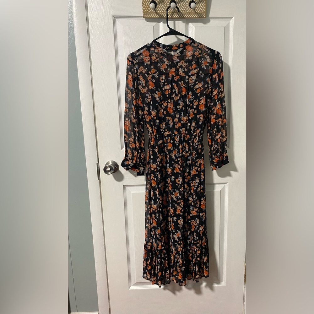 Lucky Brand Black and Orange Floral Long Sleeve Maxi Dress